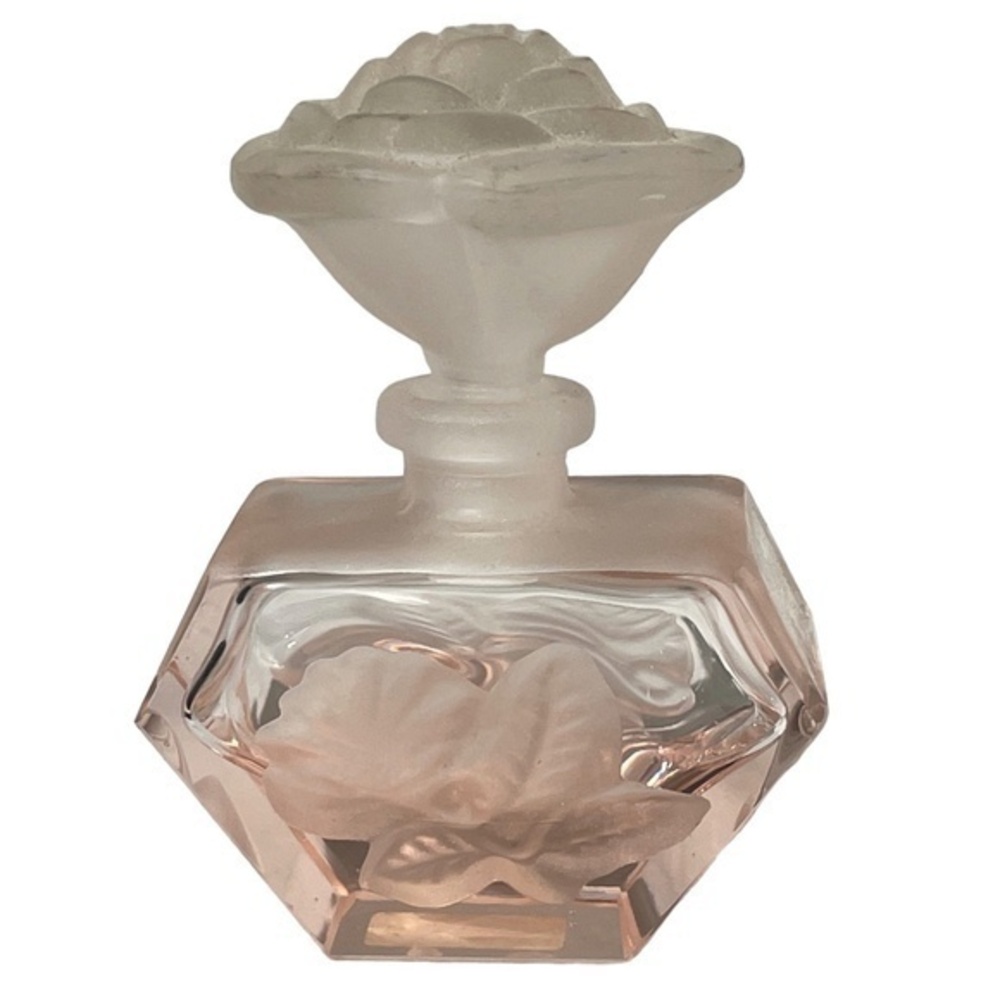 Vintage Pink Frosted Perfume Bottle Etched Flower Floral Top 3 1/2"